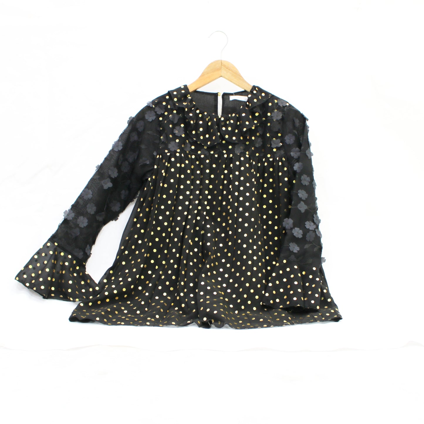 Women Black Golden Dots Fancy Neck Top